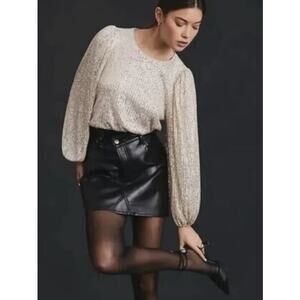 Flat White Sequin Balloon Sleeve Elastic Cuffs Blouse Gold Champagne Size Small